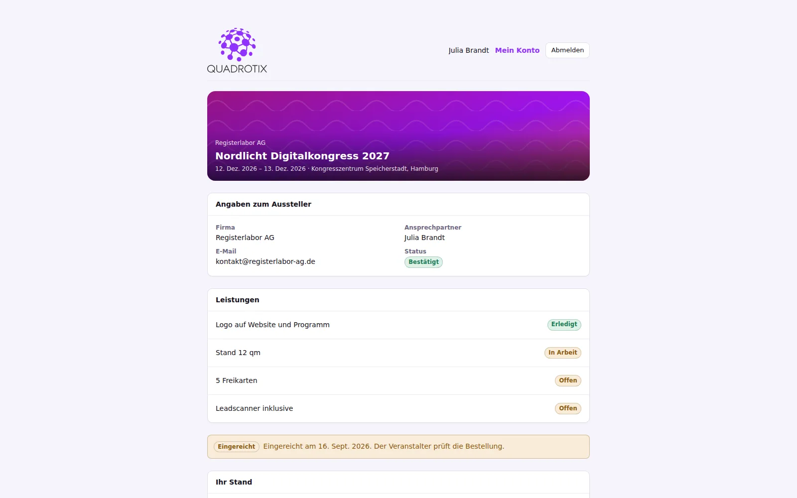 Bestellung eines Standmieters im Ausstellerportal