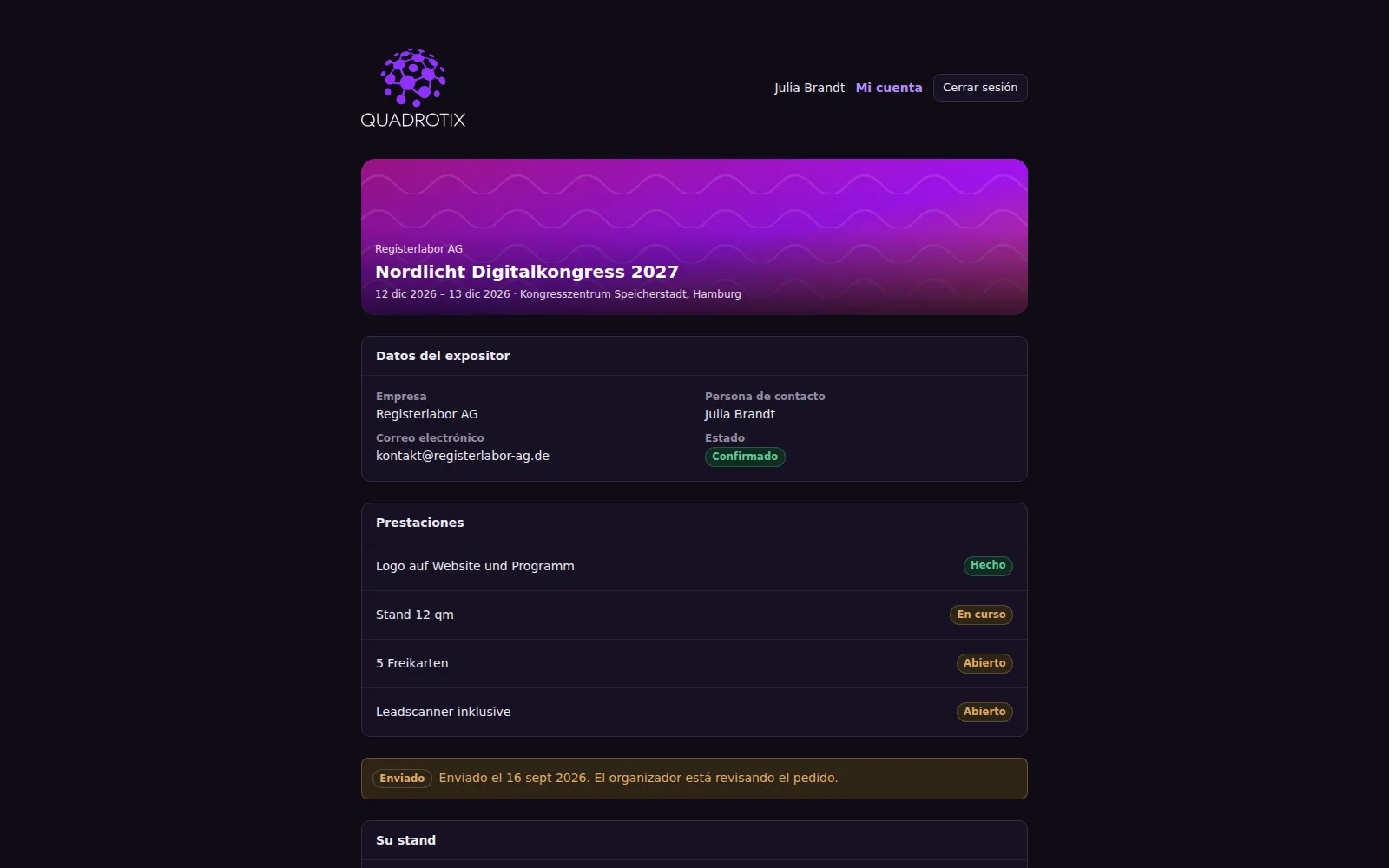 Pedido de un expositor en el portal de expositores
