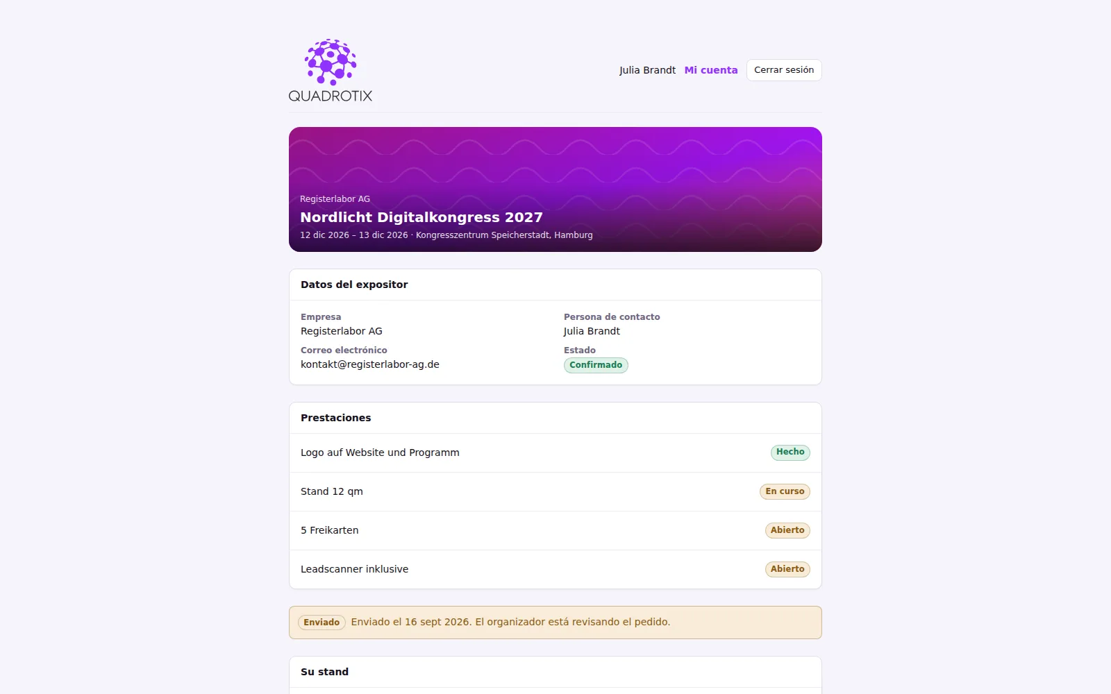 Pedido de un expositor en el portal de expositores