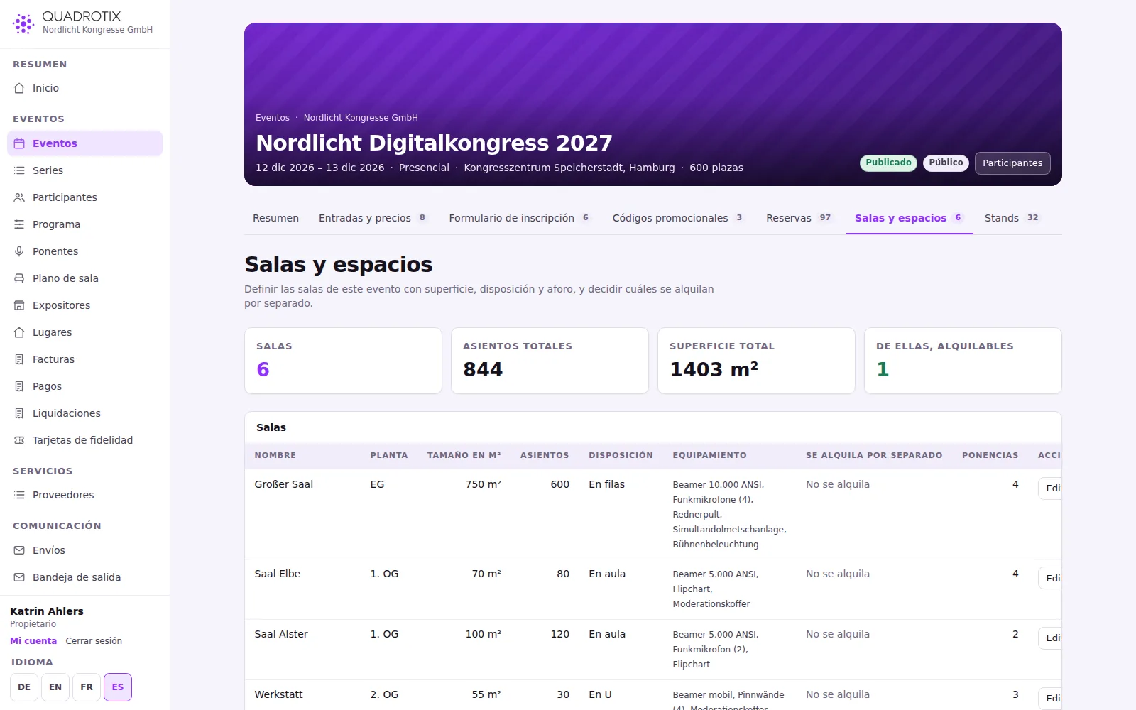 Salas con tamaño y disposición