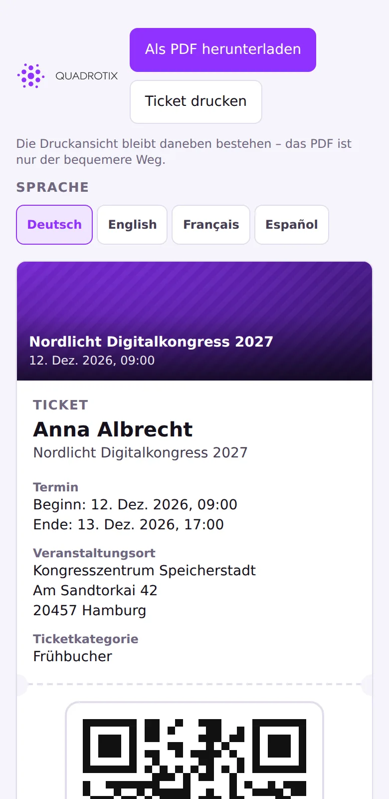 Ticket mit QR-Code auf dem Mobiltelefon