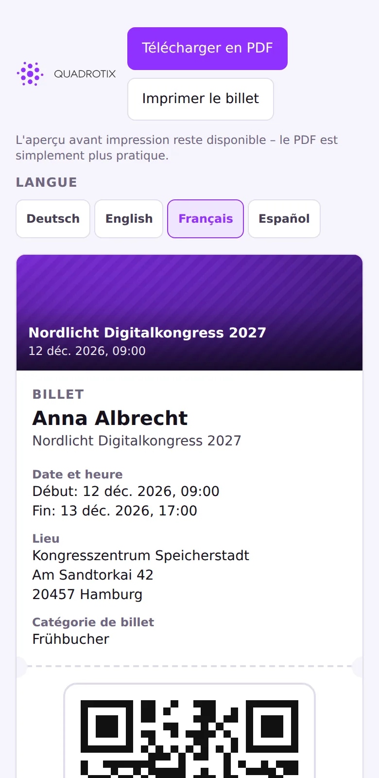 Billet avec QR code sur un téléphone mobile